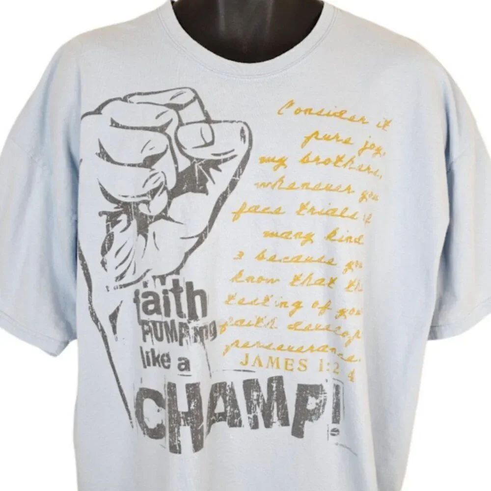 Christian T Shirt Mens Size 2XL Blue Faith Pumping Like A Champ James 1:2-4